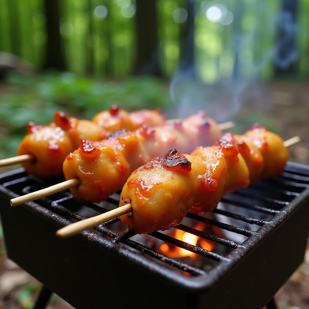 Grilling Yakitori skewers over a portable camping stove