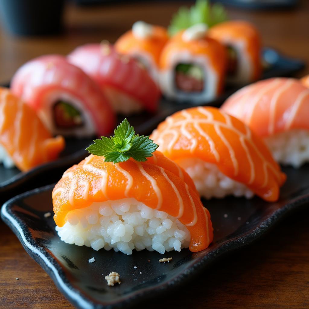 Close-up of onigiri and sushi rolls