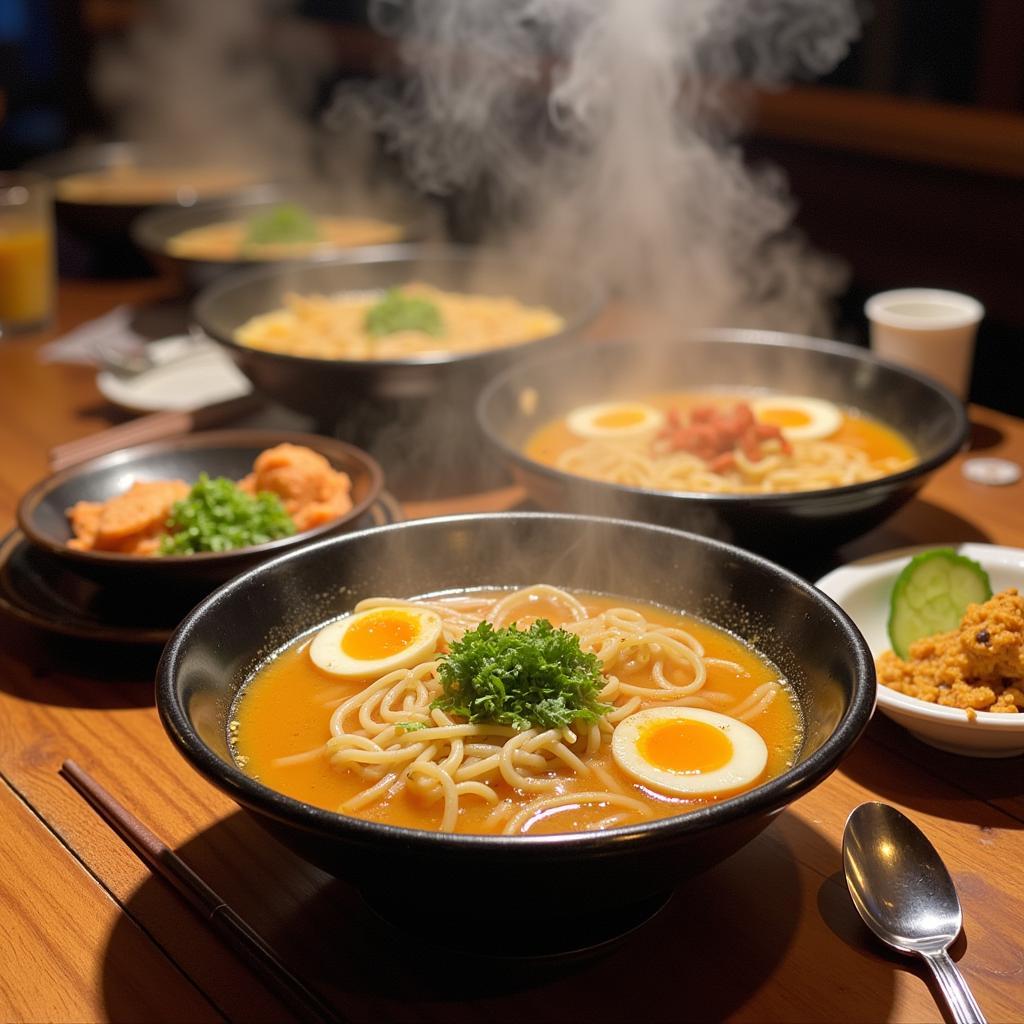 Steaming bowls of ramen at a potluck