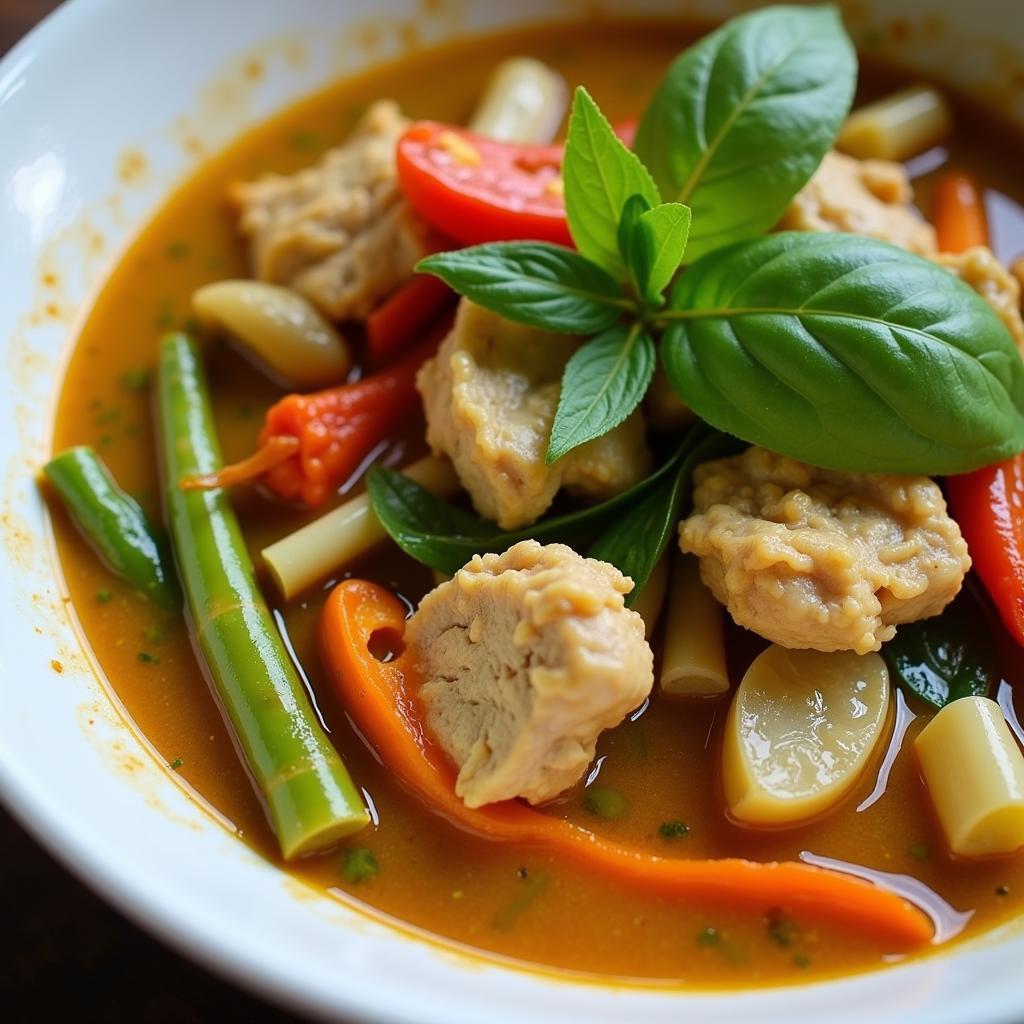 Close-up view of a steaming bowl of Jasmine Thai green curry, highlighting its rich texture and vibrant green color.