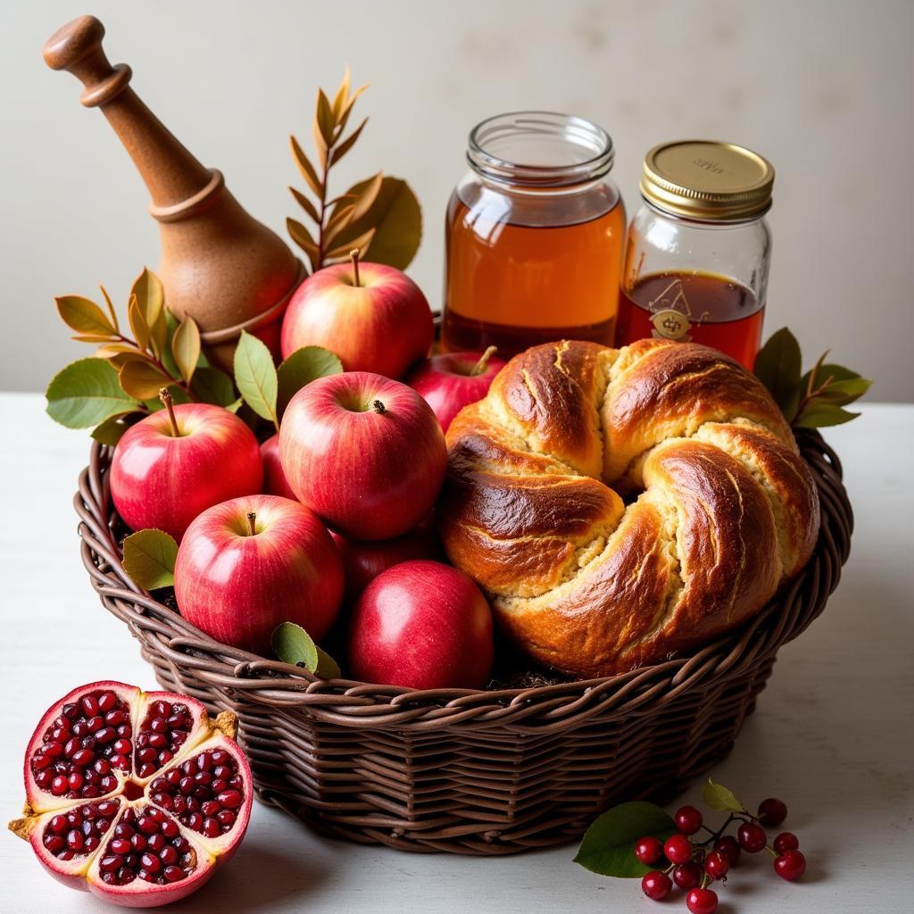 A festive Jewish holiday gift basket prepared for Rosh Hashanah, featuring apples, honey, and other traditional symbolic foods.