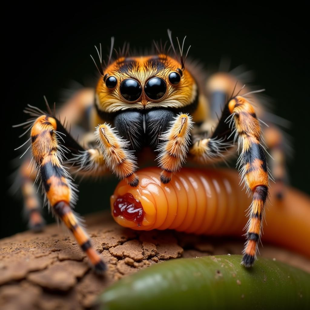 Jumping spider consuming a mealworm