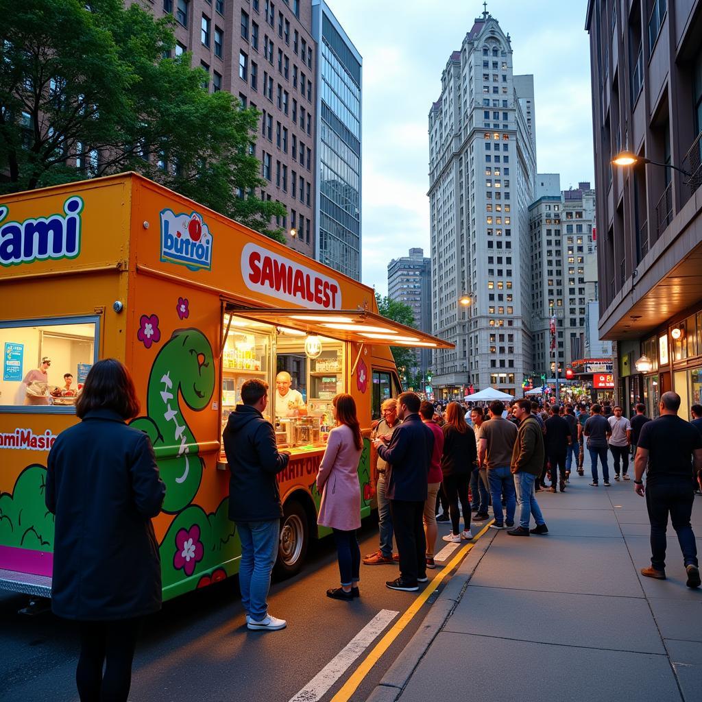 Kami food truck serving customers on a busy street