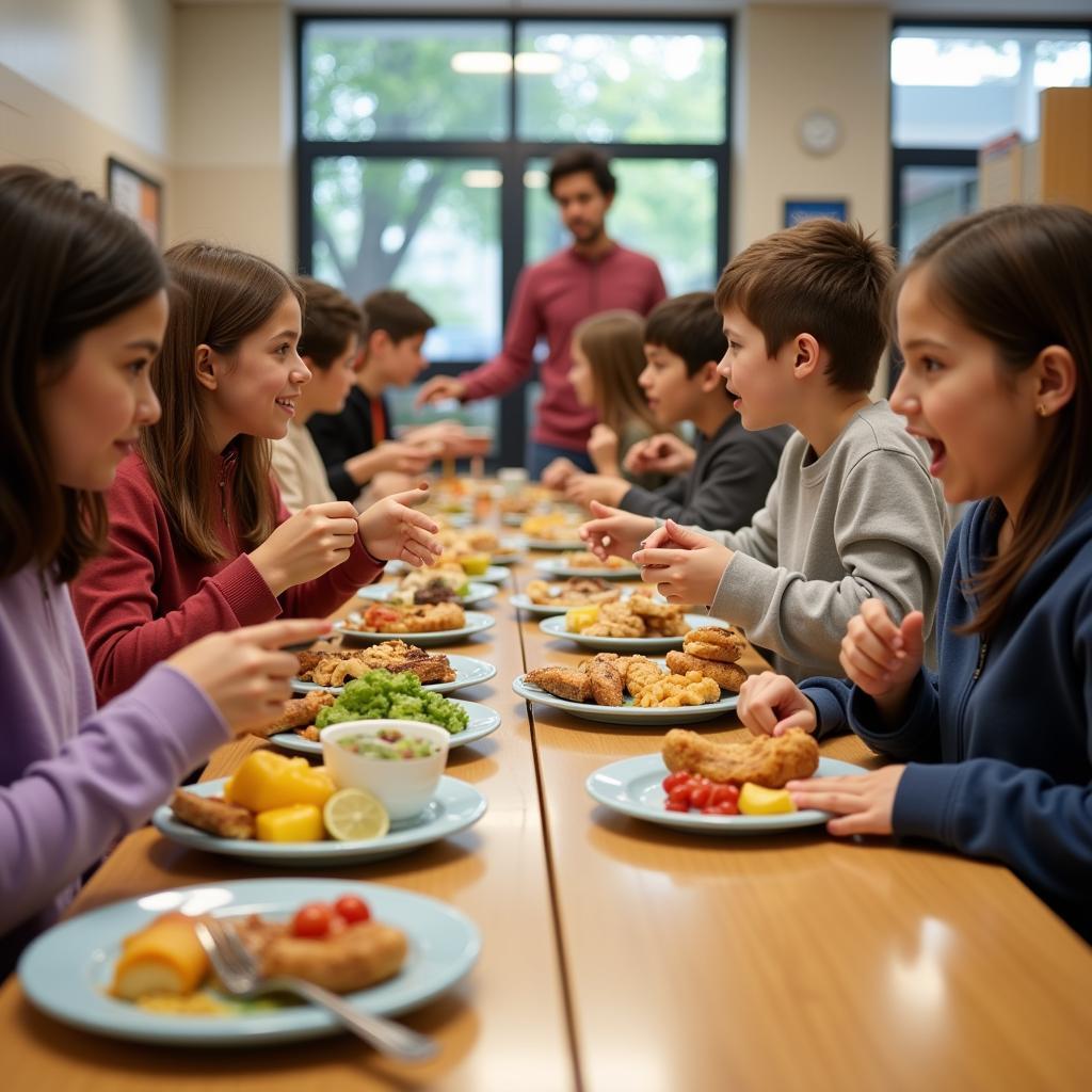 Katy ISD School Lunch Program: A photo of a diverse group of students enjoying a healthy and appetizing lunch in a bright and welcoming cafeteria.