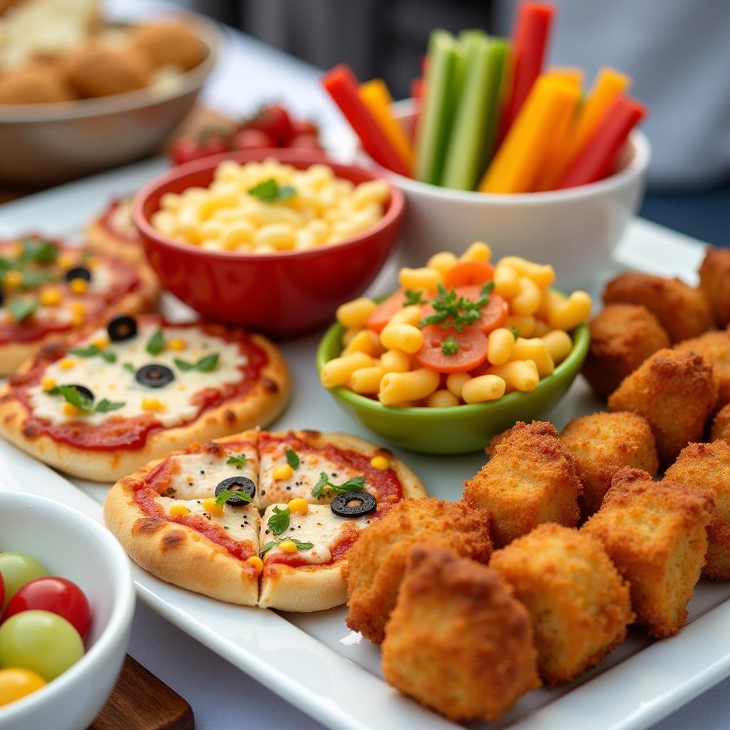 A selection of kid-friendly communion party food including mini pizzas, mac and cheese, chicken nuggets, fruit skewers and vegetable sticks.