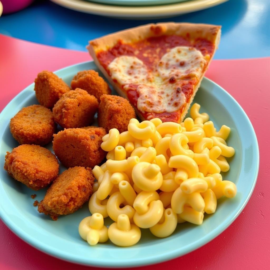 Kid-friendly options at a water park, such as chicken nuggets, mac and cheese, and pizza.