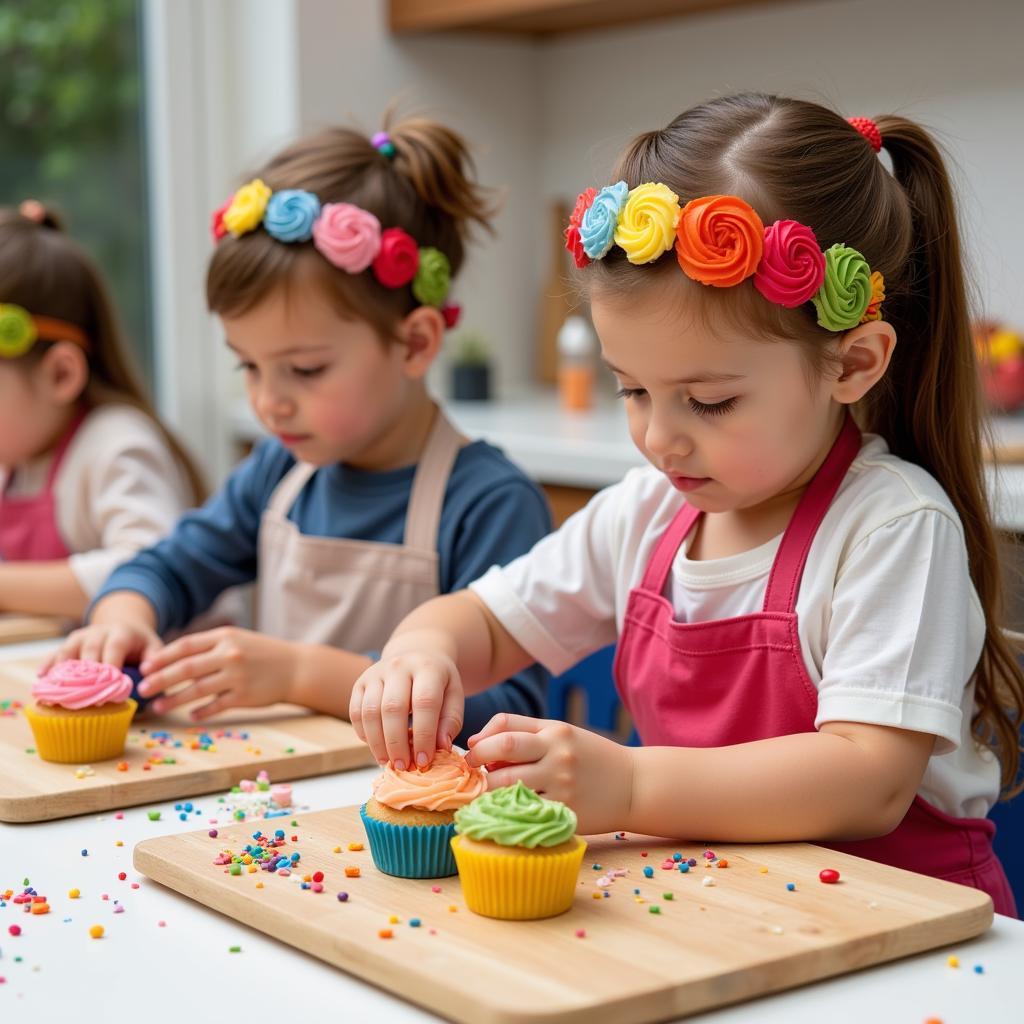 Kids decorating cupcakes.