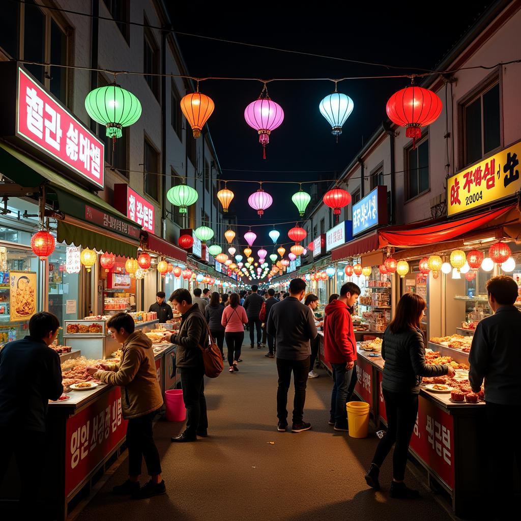 Bustling Korean Street Food Market at Night