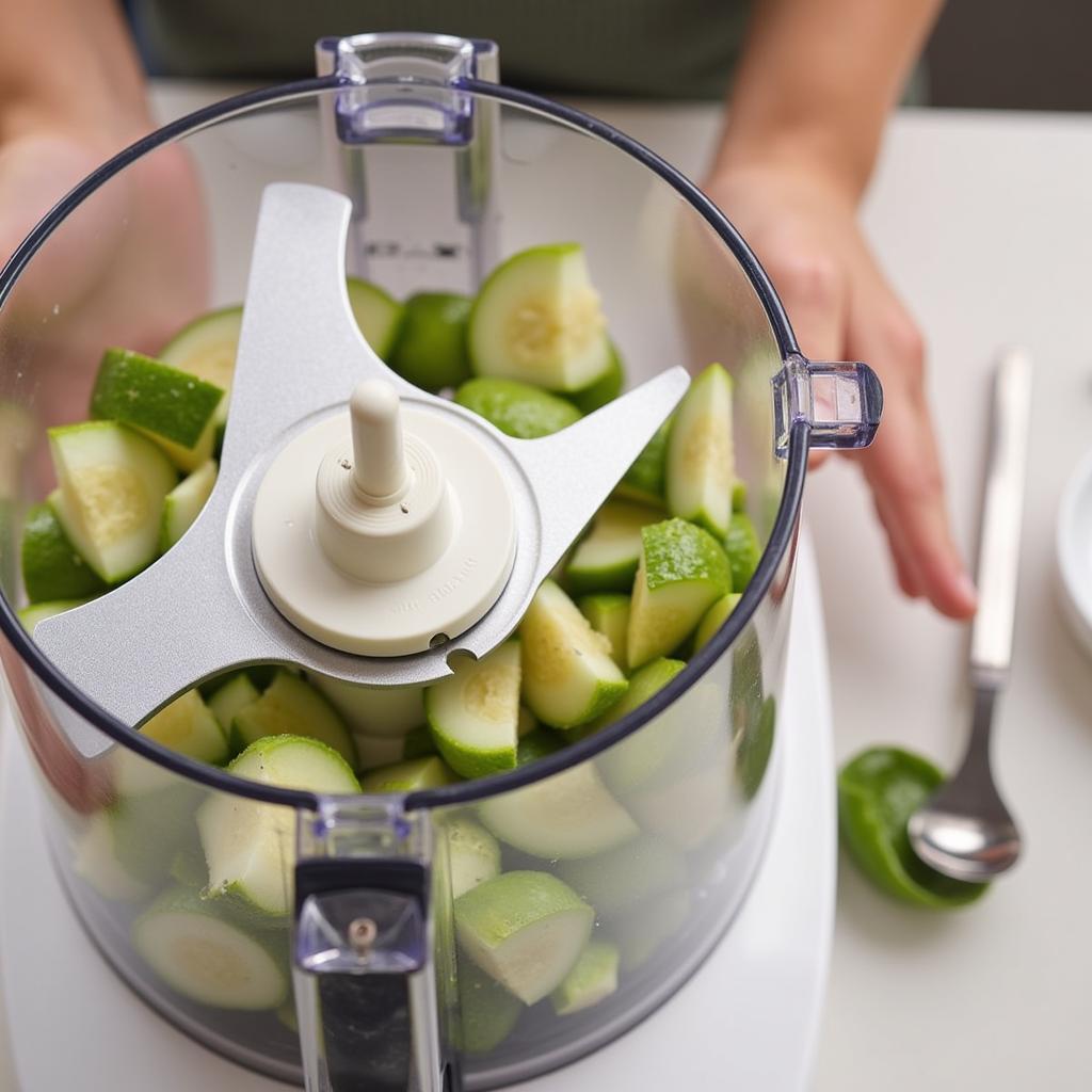 Close-up view of a kugel blade in a food processor