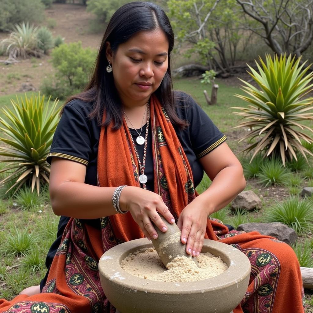 Kumeyaay woman grinding acorns into flour