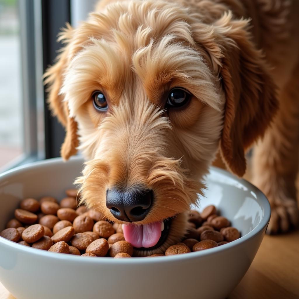 A Labradoodle enjoying a healthy meal