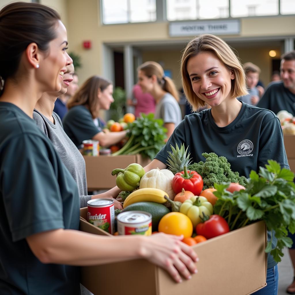 Volunteers distributing food boxes at the Lakes Region Food Pantry