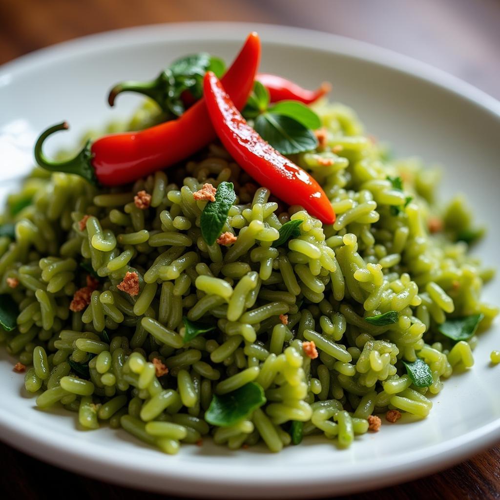 Lalo rice, a staple of Haitian cuisine, is a vibrant green dish made with jute leaves.