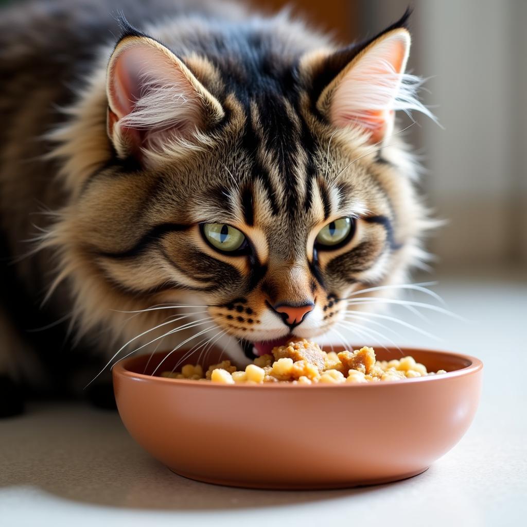 Cat enjoying a bowl of lamb and rice cat food