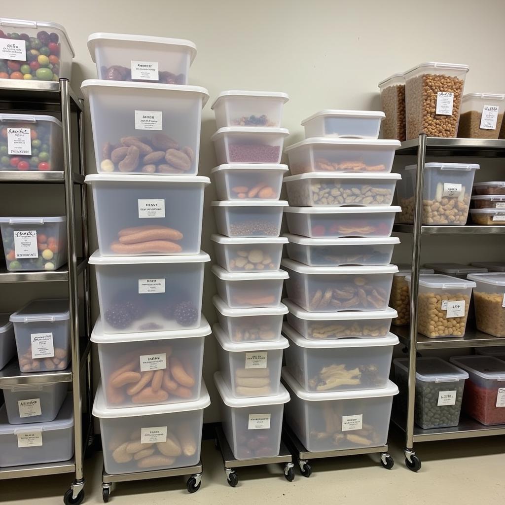 Large food storage containers organized in a busy restaurant kitchen