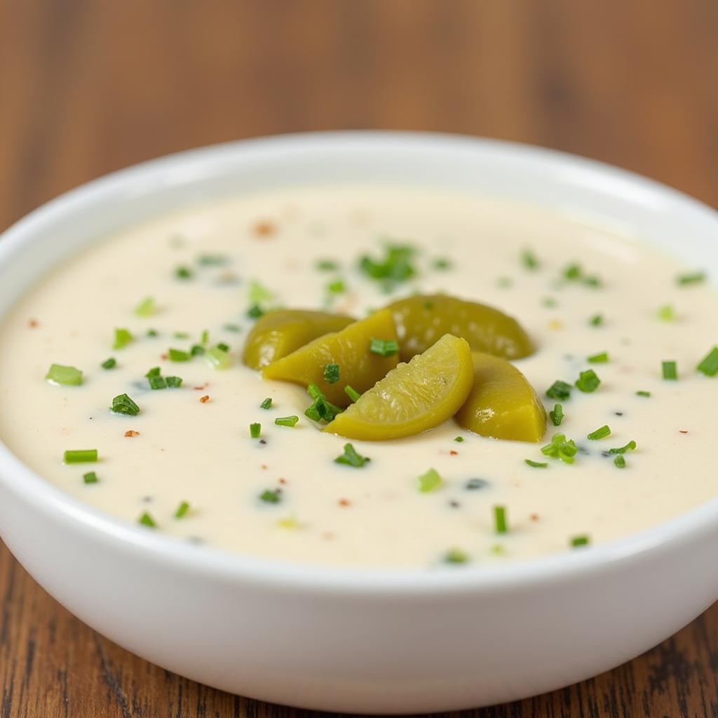 Close-up of Legal Sea Foods tartar sauce, showing its texture and color.