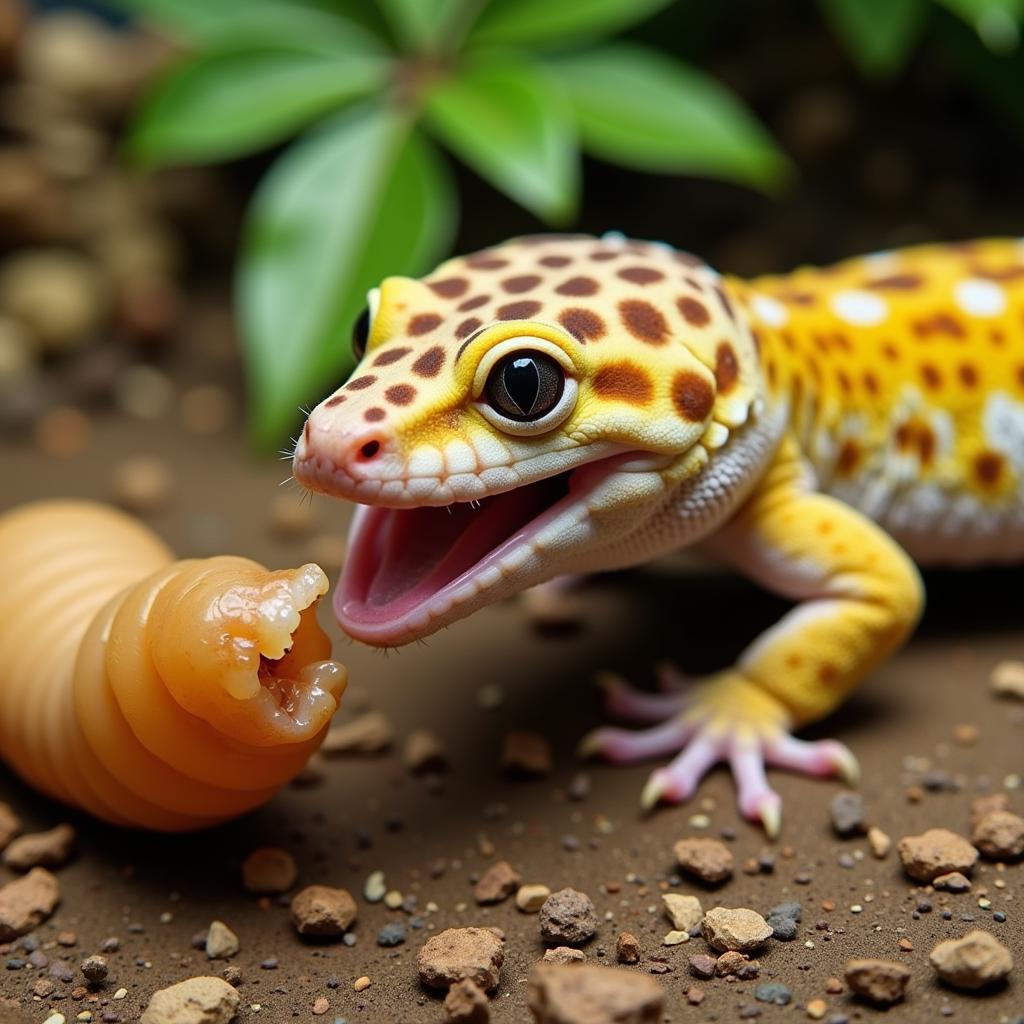 Leopard Gecko Consuming a Mealworm