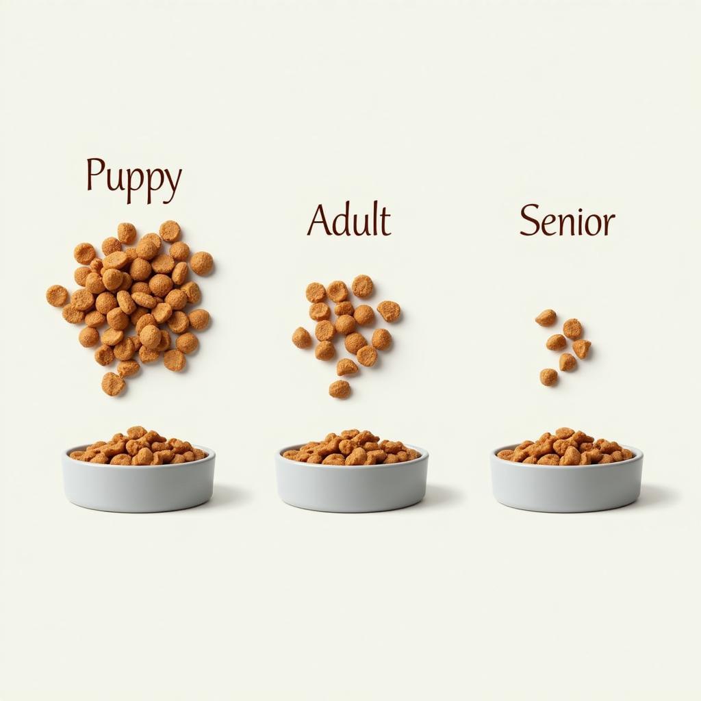 Comparison of dry dog food formulated for different life stages: puppy, adult, and senior.