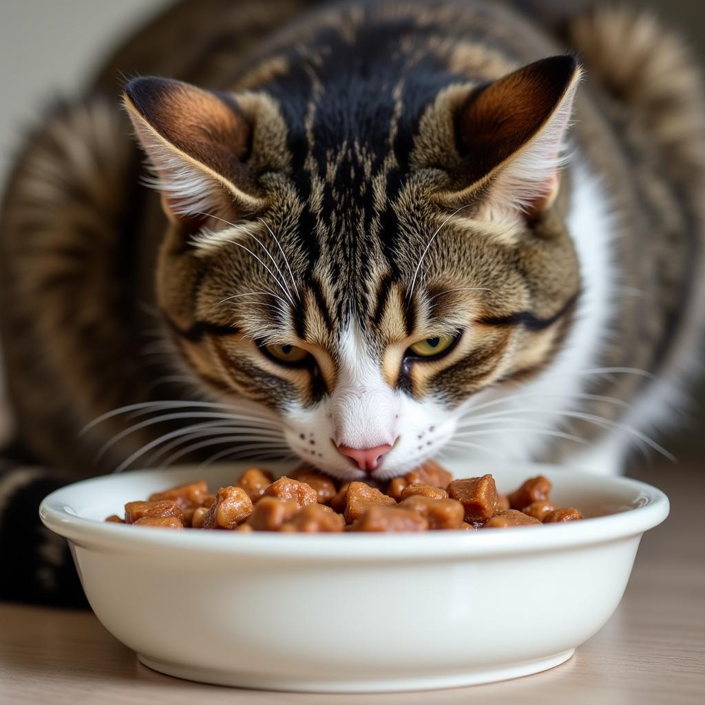 Cat enjoying limited ingredient duck cat food from a bowl