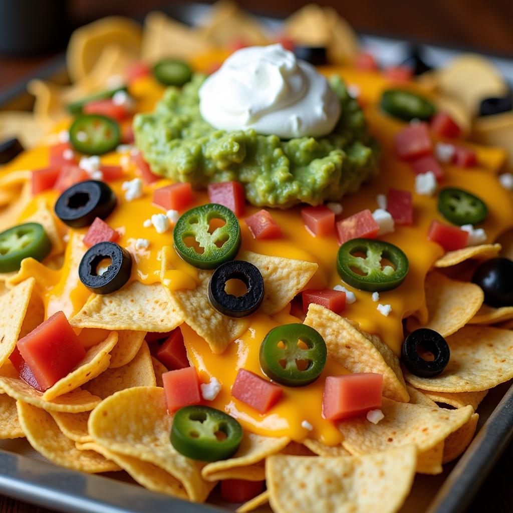 A Close-Up of a Loaded Nacho Tray Perfect for Football Games