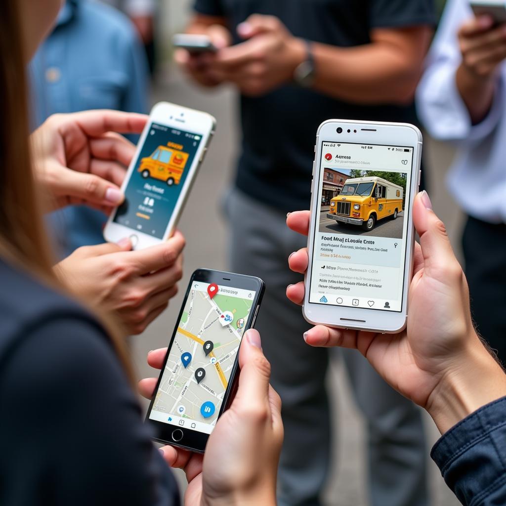 People using mobile apps and social media to find the location of street cafe food trucks.