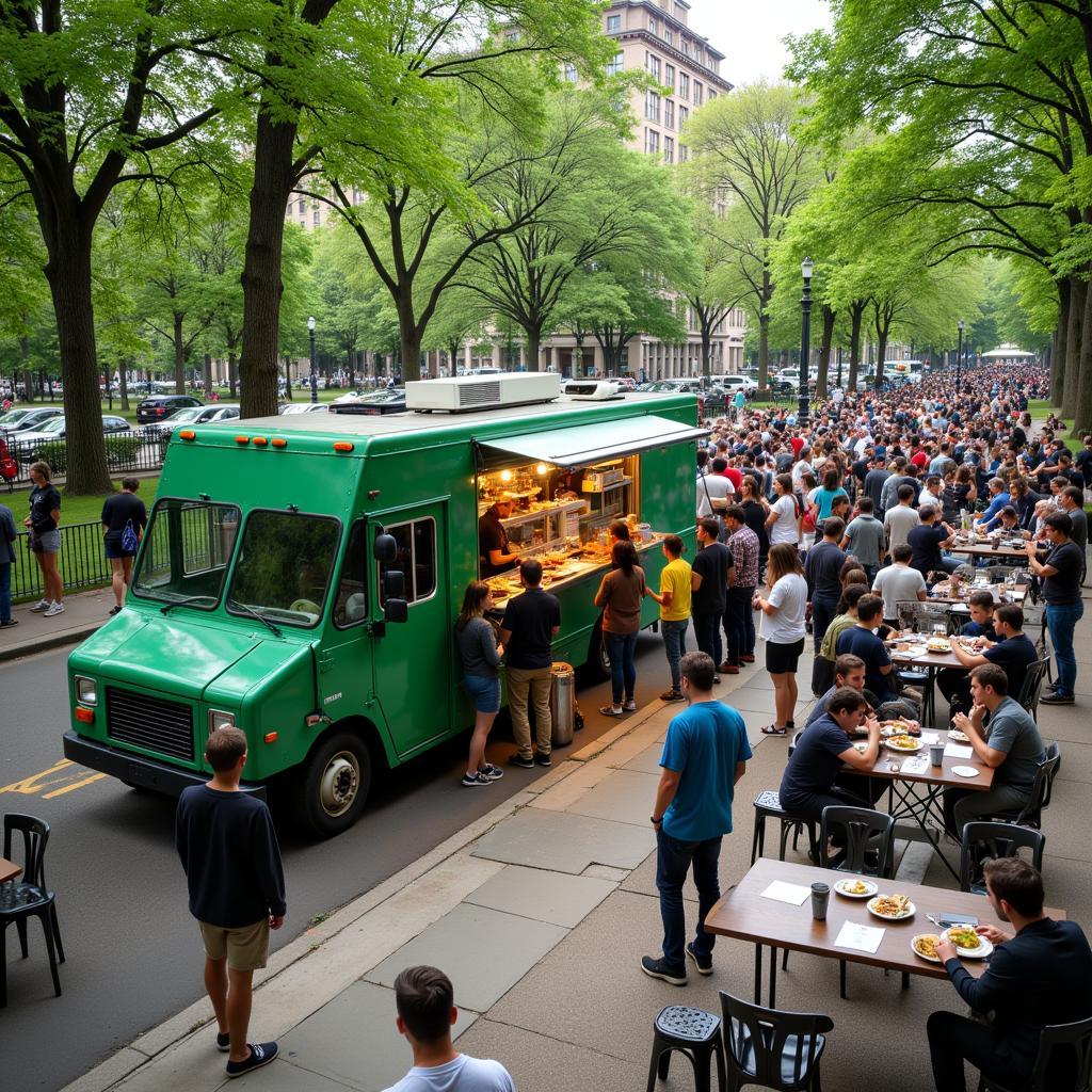 Long green food truck parked in a city park during lunchtime, surrounded by a crowd of people.