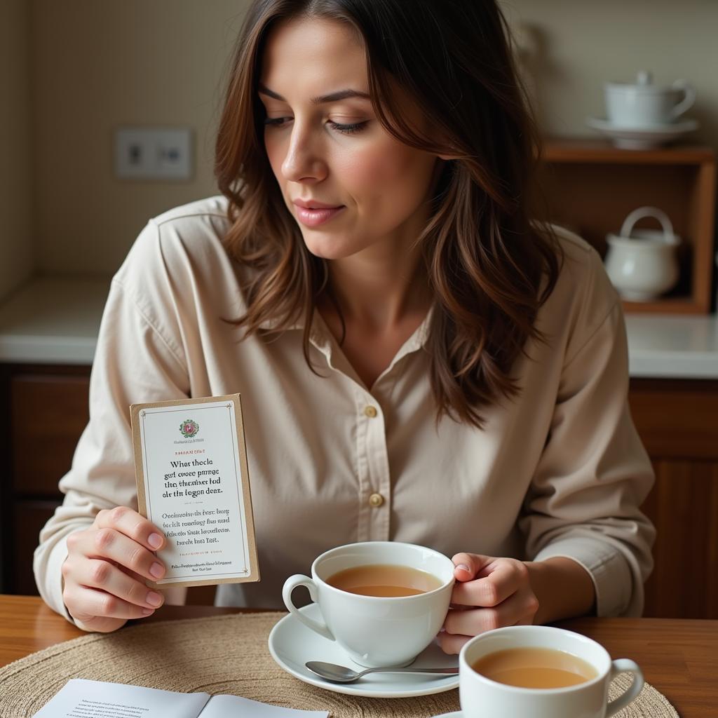 Woman reflecting on a card from a making peace with food deck