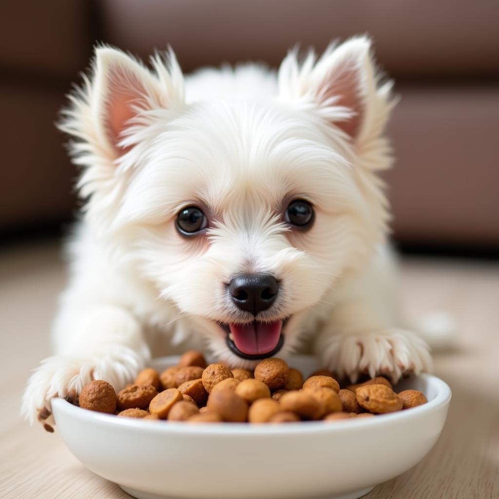 Maltese puppy eating kibble from a bowl.