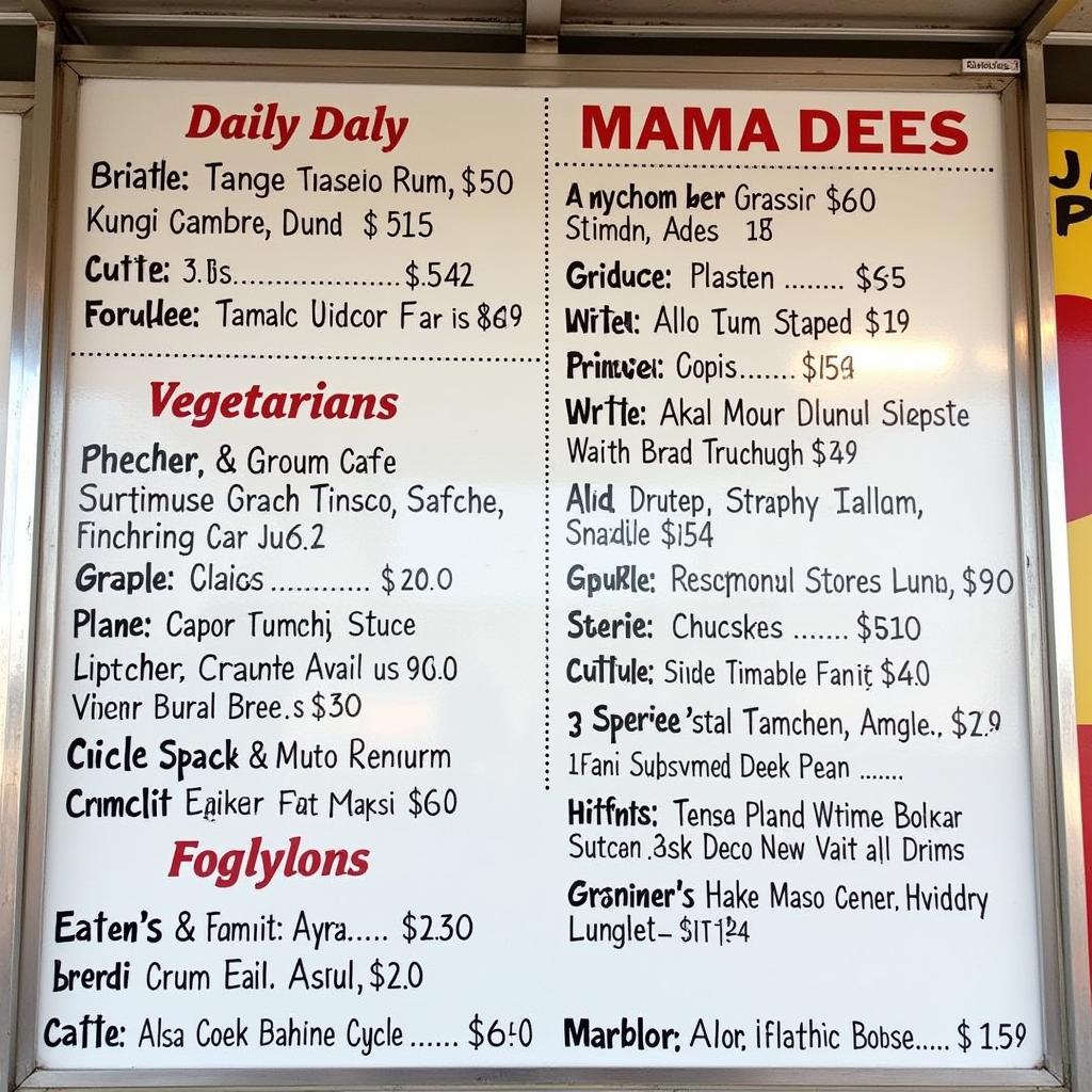 Mama Dee's Food Truck Menu Displaying Daily Specials and Regular Items