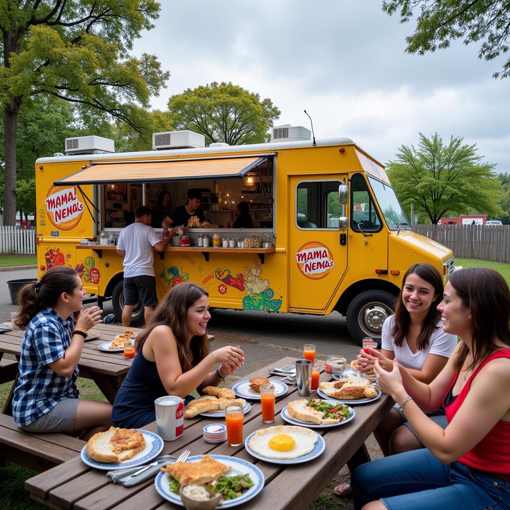 Customers enjoying their meals at Mama Nena's food truck.