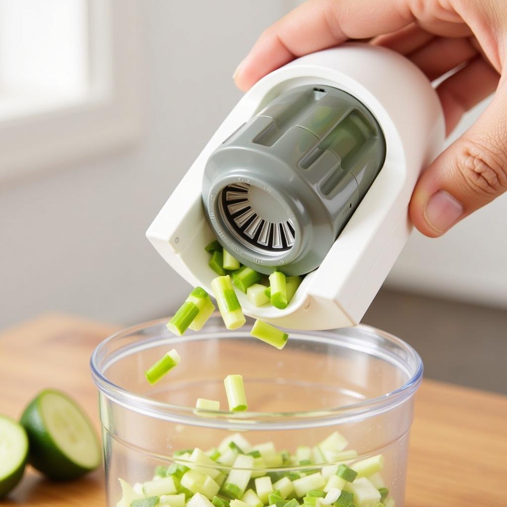 Manual food chopper with pull string in action