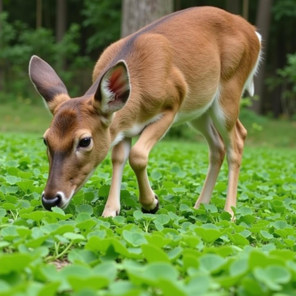 Close-up of a deer grazing on clover in a food plot.