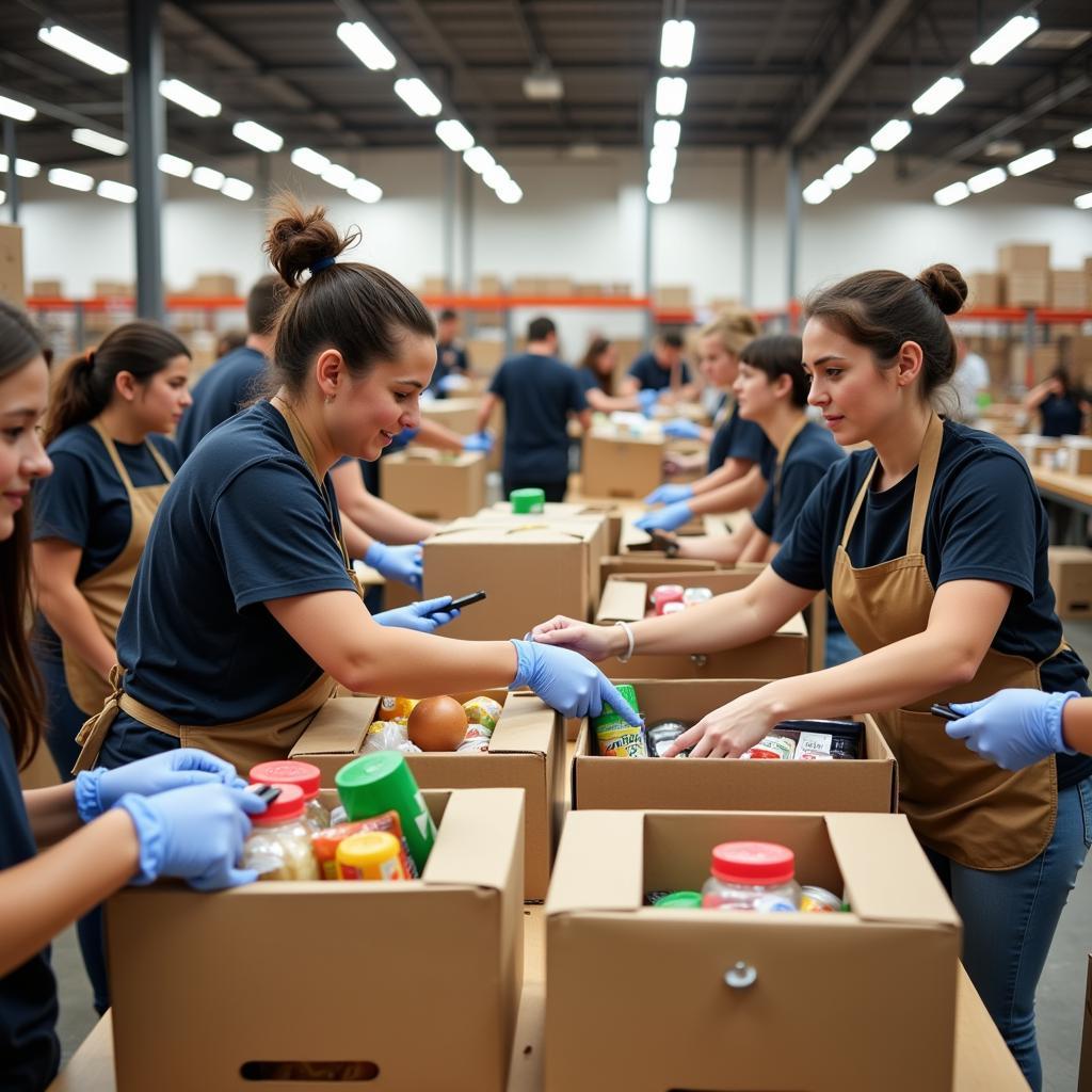 Volunteers at the McPherson food bank sorting and packing food donations.