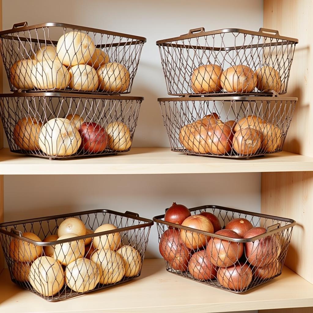 Metal wire food storage baskets holding potatoes and onions in a pantry, demonstrating proper ventilation.