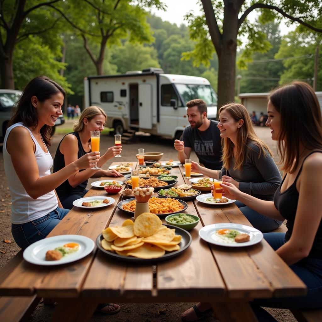 A group of friends enjoying a Mexican feast at their campsite