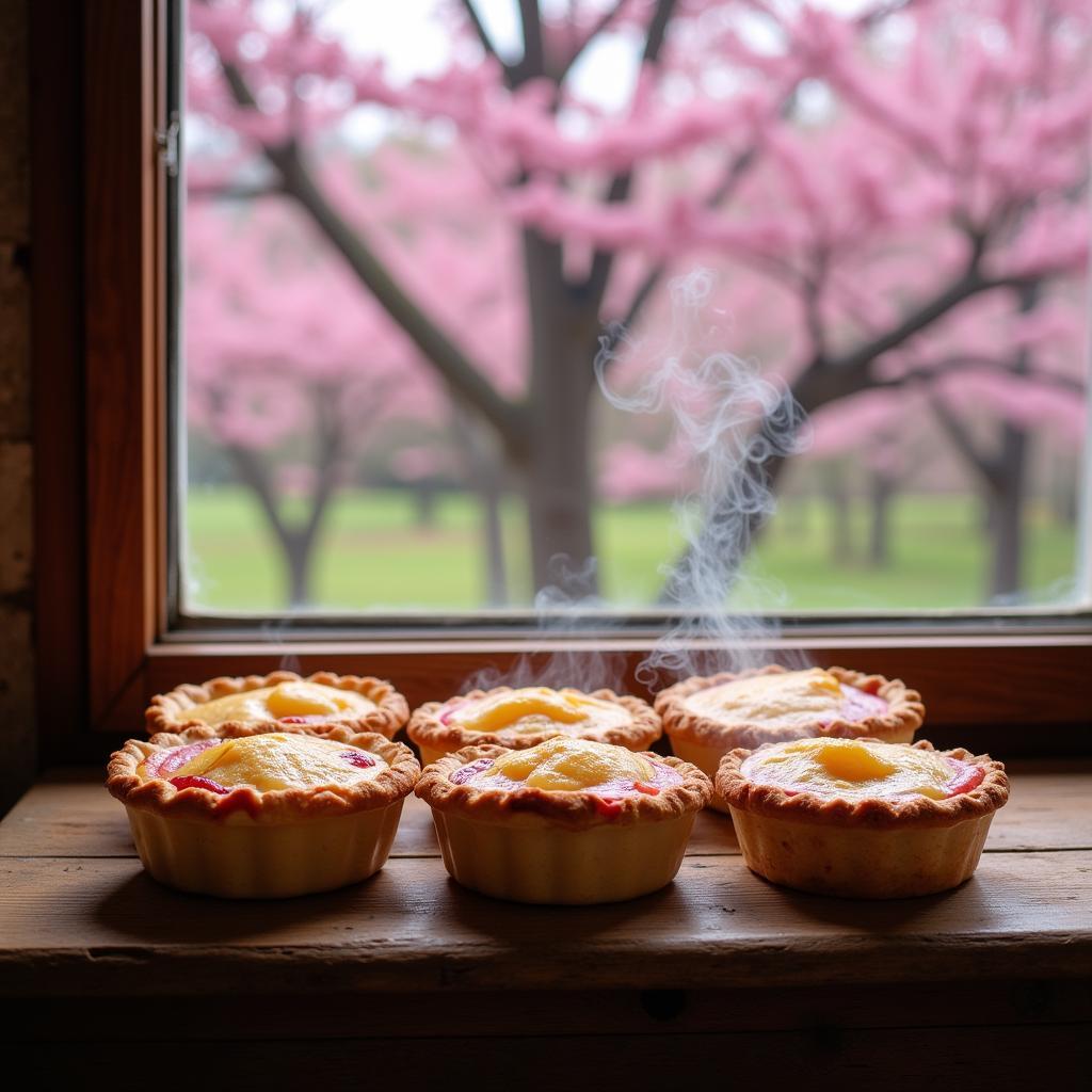 Freshly baked Michigan cherry pies cooling on a window sill