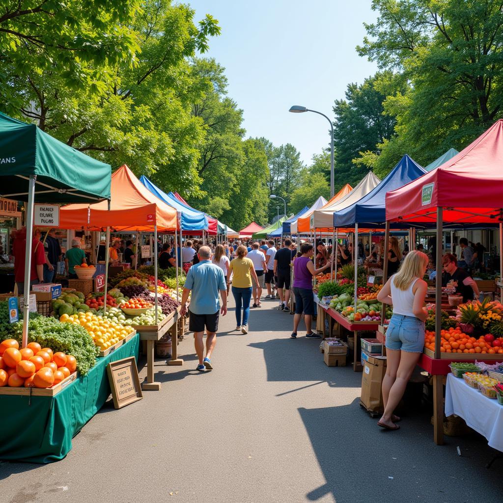 A bustling Michigan farmers market with colorful displays of fresh produce and local vendors, showcasing the diverse range of Michigan made food products.