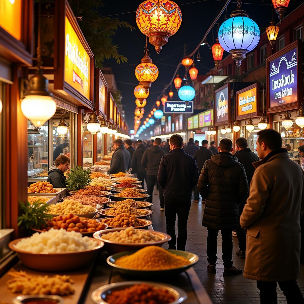 Vibrant food stalls at the Middle Eastern Food Festival in Birmingham, AL, showcasing a diverse array of dishes and treats.