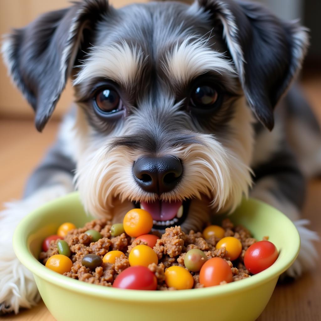 Miniature Schnauzer Enjoying a Bowl of Homemade Food