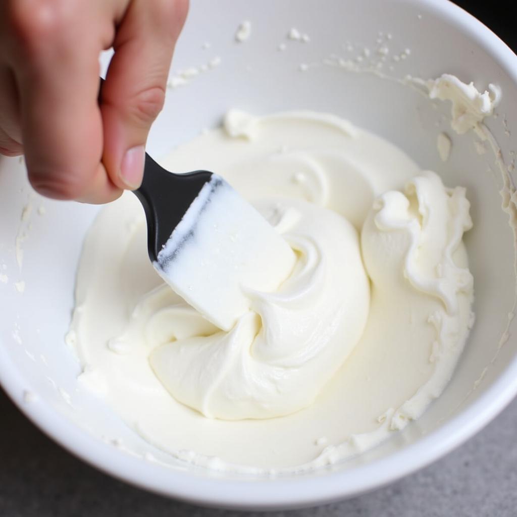 Mixing white gel food coloring into a bowl of frosting