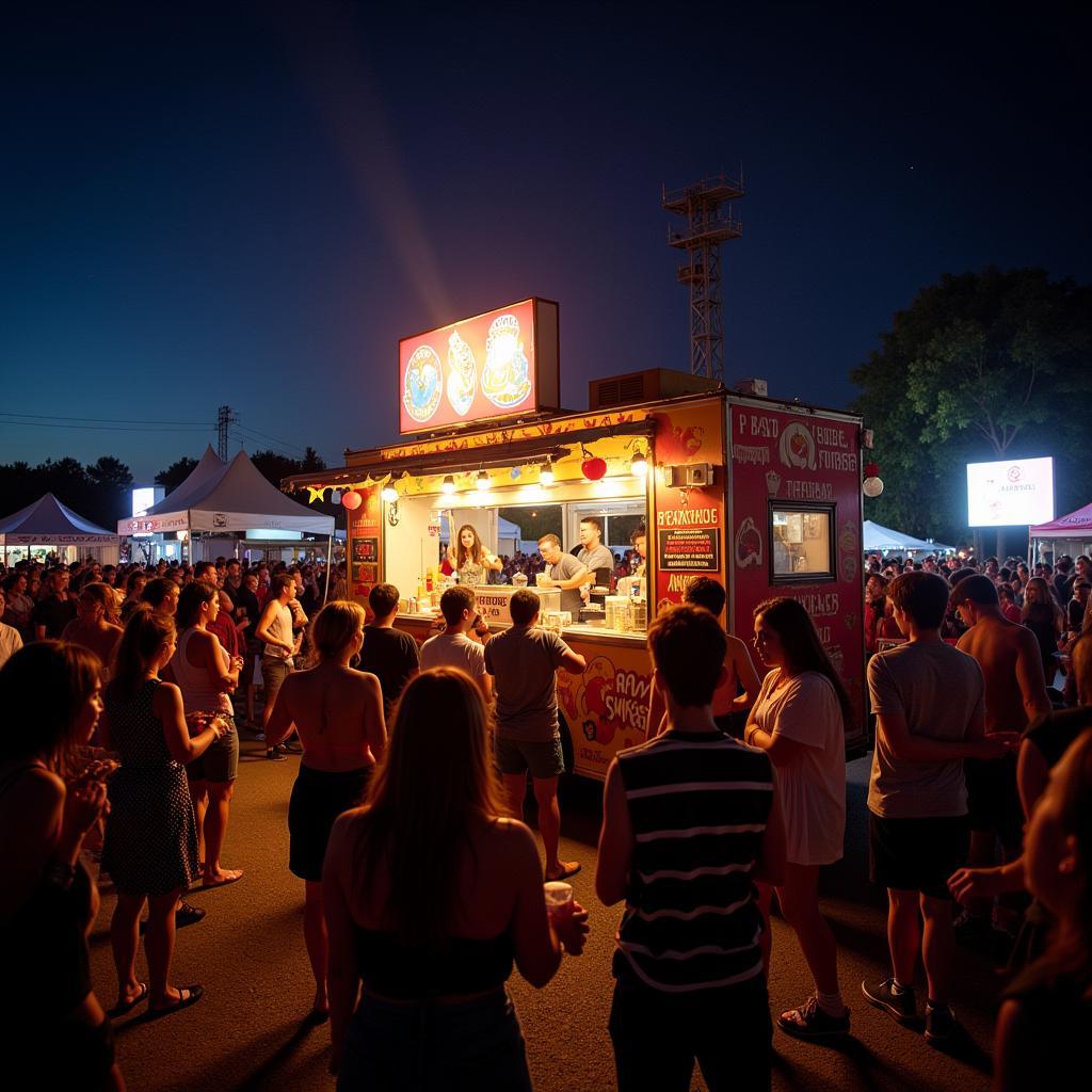 A mobile food stand serving a crowd at a music festival