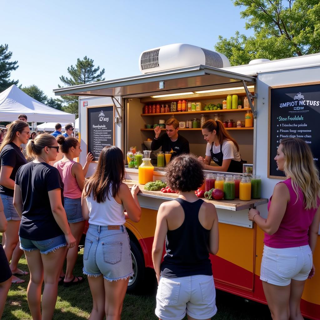 A mobile juice bar serving customers at a vibrant outdoor festival, with colorful juices and smoothies on display.