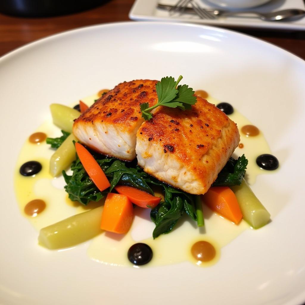 A plated modern Irish salmon dish with seasonal vegetables.