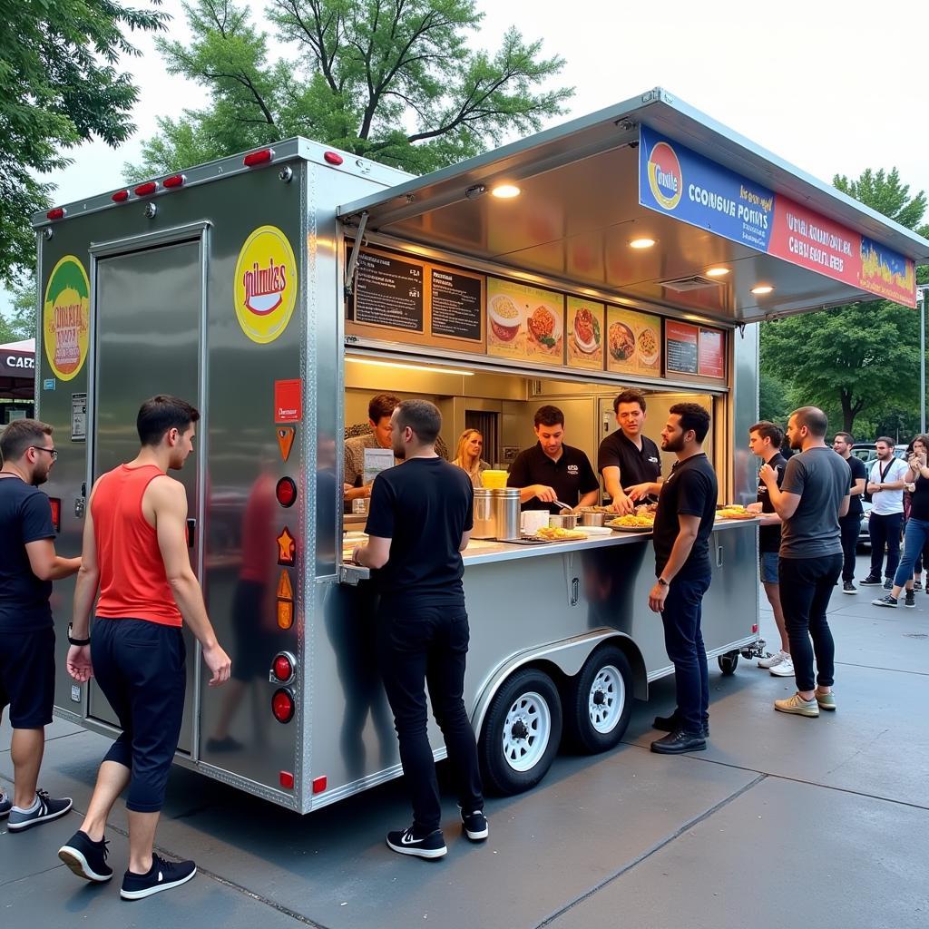 A sleek, modern mobile food kiosk preparing and serving delicious street food.