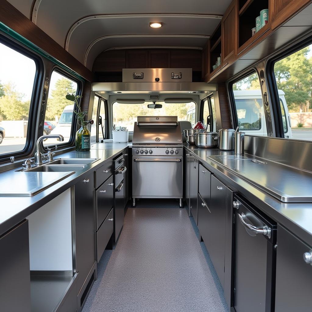 Modern, stainless steel kitchen interior of a custom-built Volkswagen food truck