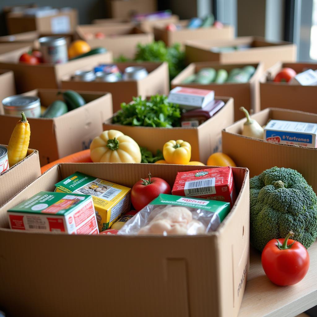 Boxes of donated food items at a Modesto food bank ready for distribution.