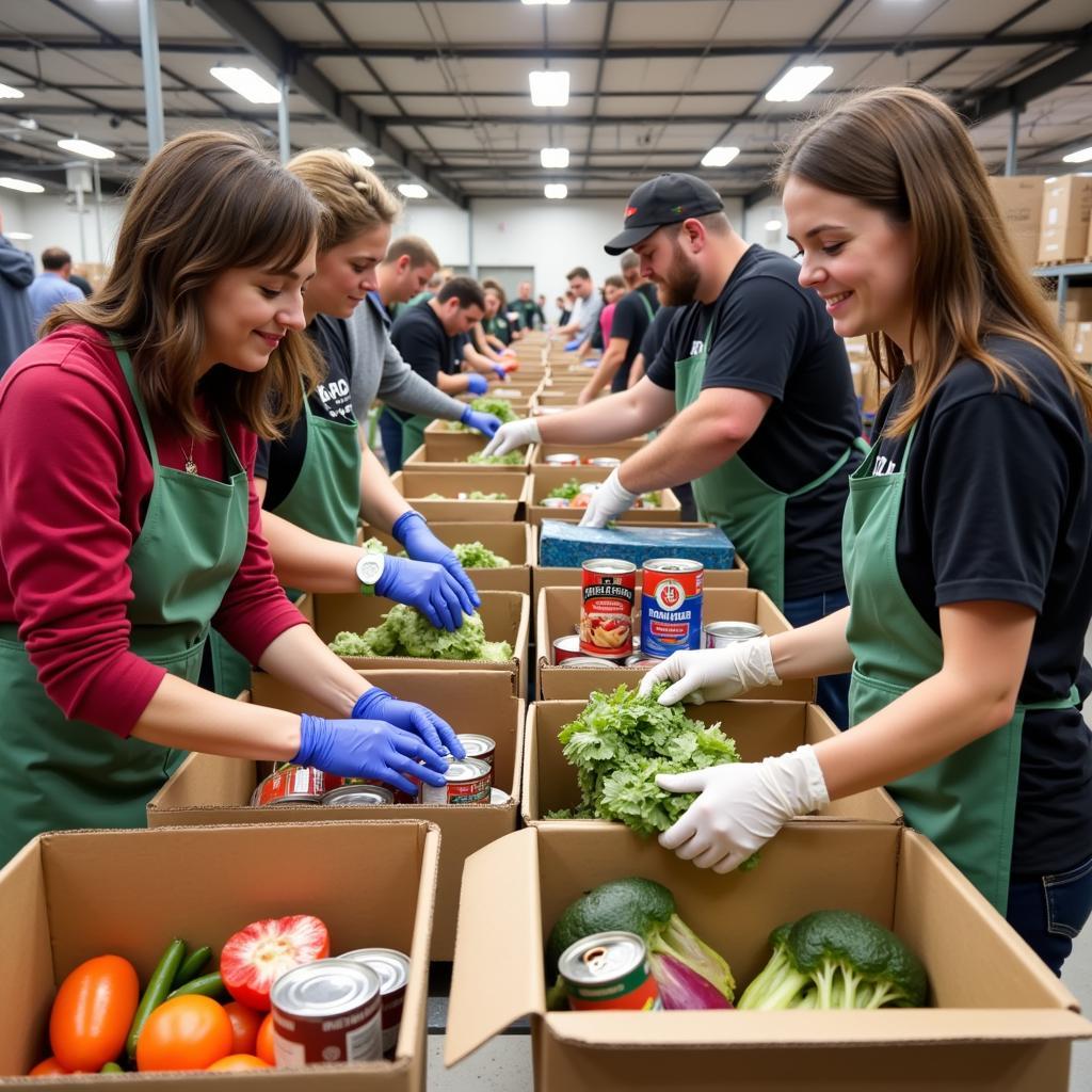 Volunteers sorting food donations at a Modesto food bank