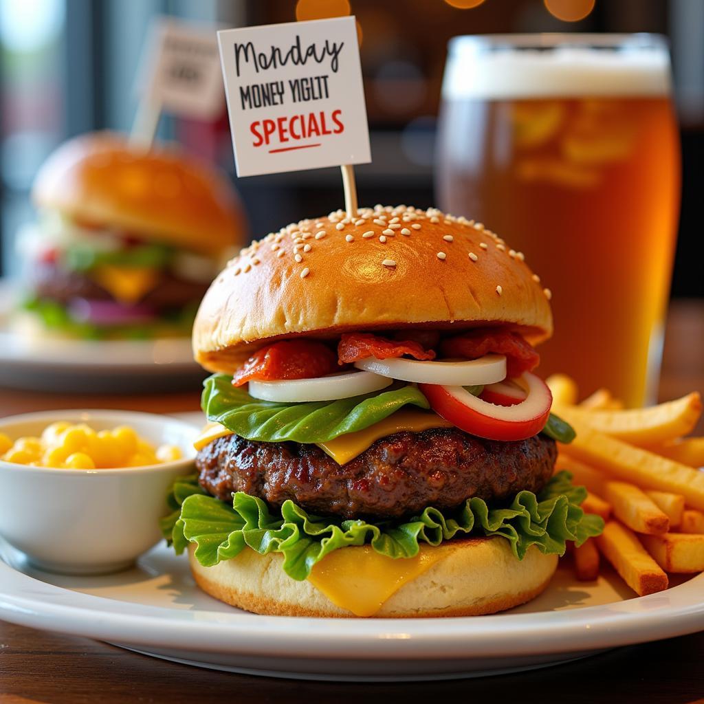 Juicy burger with fries and a drink on a plate, highlighted as a Monday night special.