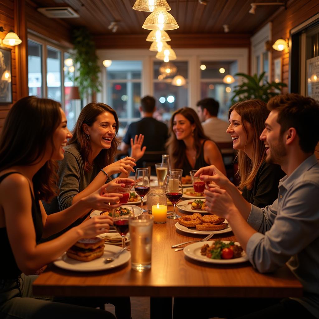 Group of friends enjoying a meal together at a restaurant, taking advantage of Monday night specials.