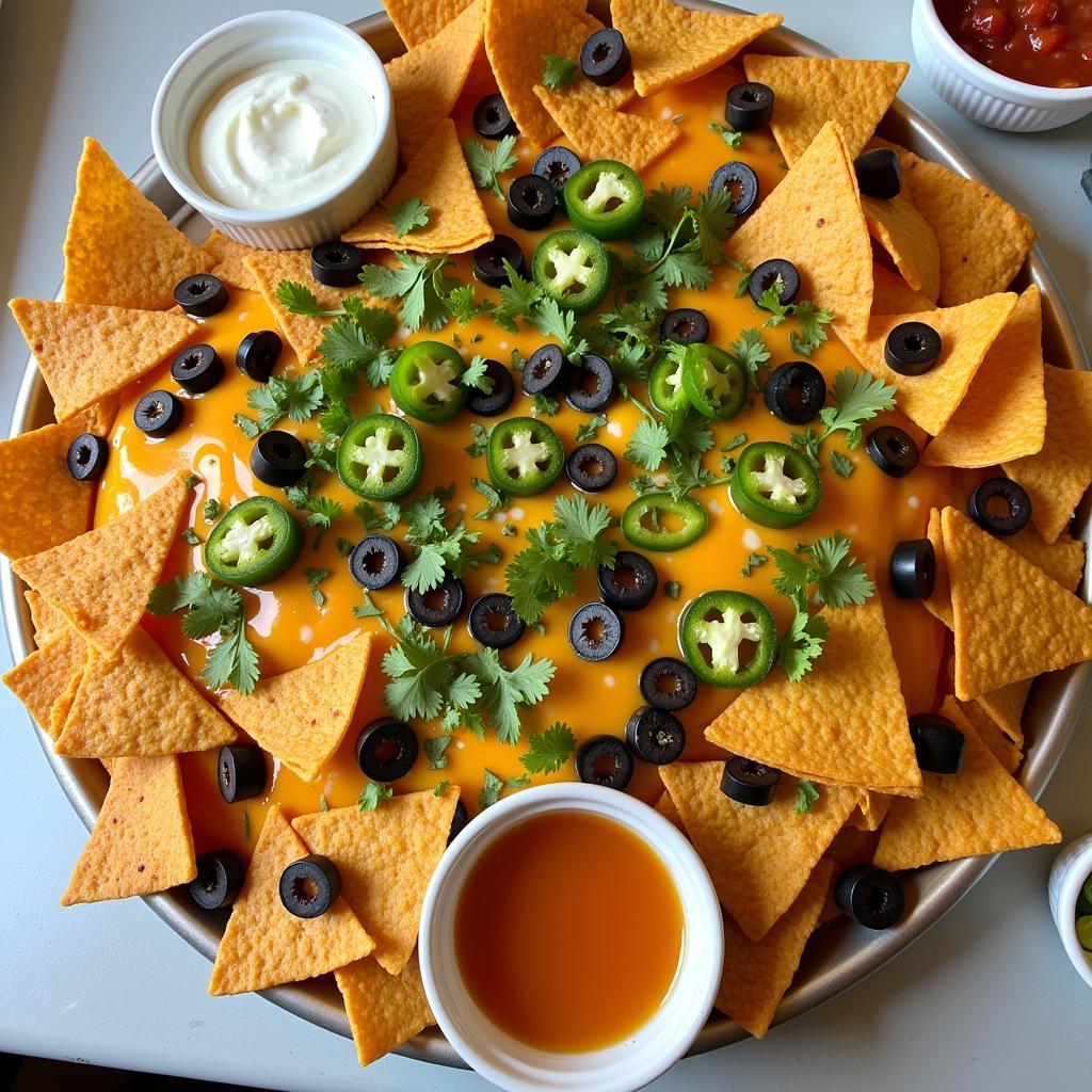 Monday Night Football Classic Nachos: A platter piled high with nachos, topped with melted cheese, jalapenos, olives, and other colorful toppings, ready for a hungry crowd.